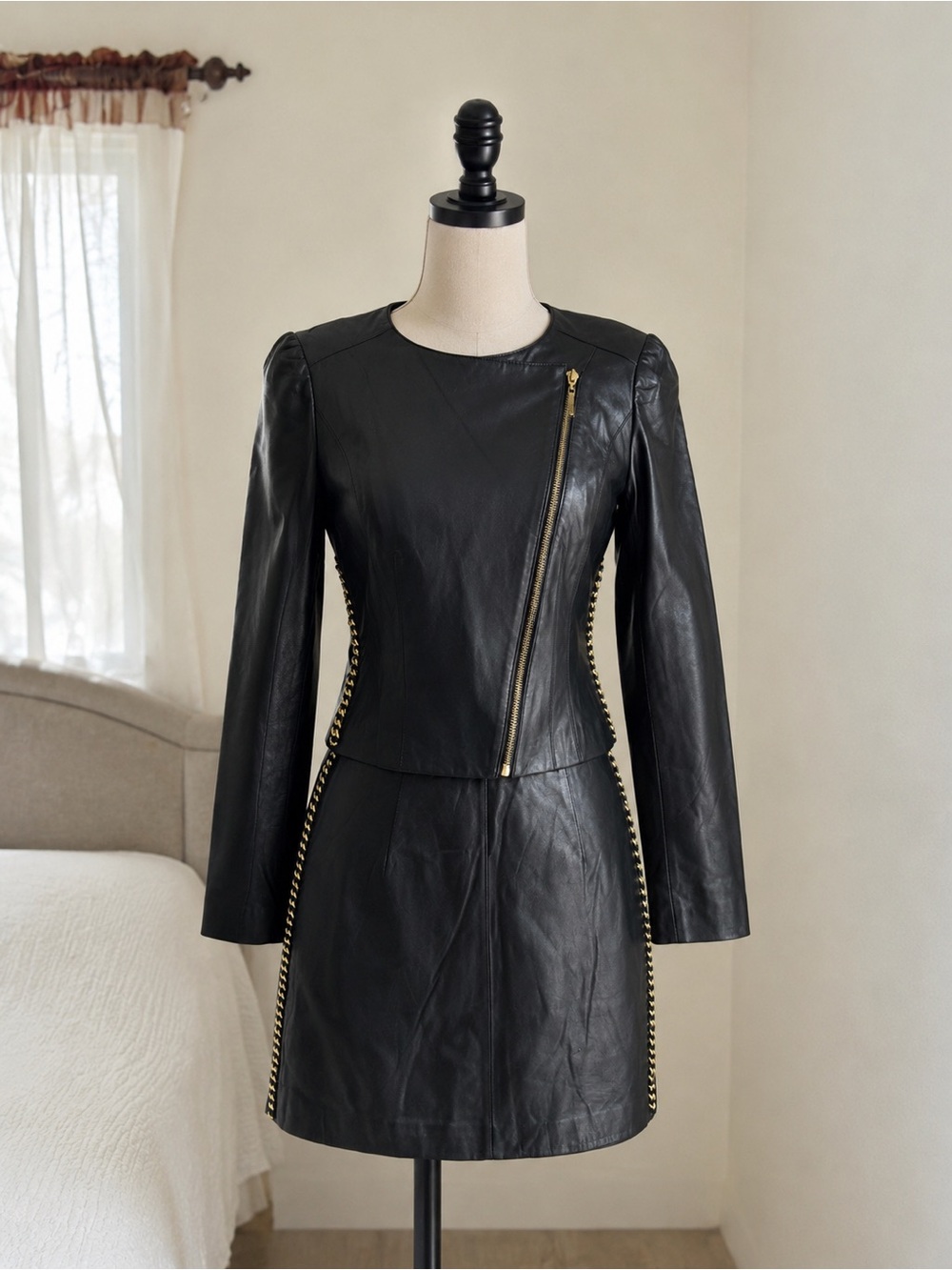 Vintage Black Lamb Leather Gold Chain Set XS/S